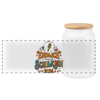 Endlich Schulkind 2026 - Retro Design - Panorama Keksdose mit Holzdeckel - Weiß - Vorne