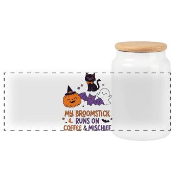 Mein Besen läuft auf Kaffee – lustiges Halloween - Panorama Keksdose mit Holzdeckel - Weiß - Vorne