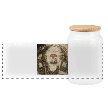Mushroom Illustration Retro Mural Forest Decoration Poster - Panoramic Cookie Jar with Wooden Lid - white - Front