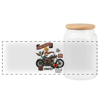 Road Royalty Biker Pin Up Motorcycle Tattoo Art - Panoramic Cookie Jar with Wooden Lid - white - Front