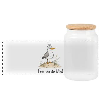Möwe am Strand - Panorama Keksdose mit Holzdeckel - Weiß - Vorne