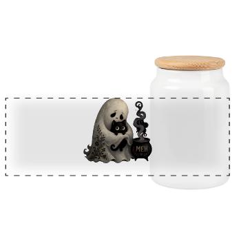 Ghost Cat Cauldron MEH T-Shirt Halloween - Panoramic Cookie Jar with Wooden Lid - white - Front