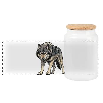 Gray Wolf Illustration - Panoramic Cookie Jar with Wooden Lid - white - Front