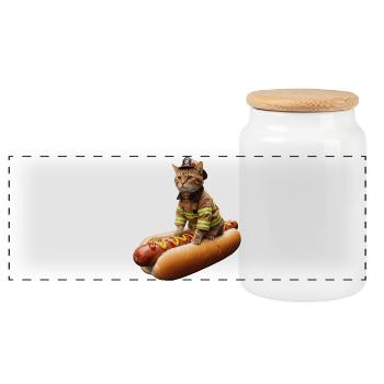 Funny firefighter cat on a hot dog - Panoramic Cookie Jar with Wooden Lid - white - Front