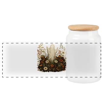 Motifs d’automne des fleurs d’Halloween en forme de fantômes doux - Boîte à biscuits avec couvercle en bois - blanc - Devant