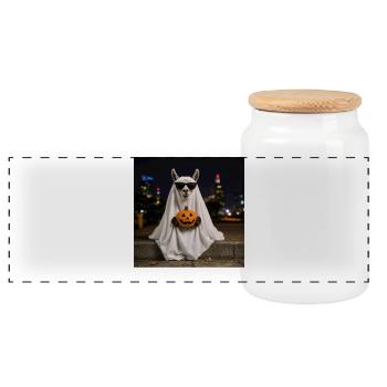 Funny Halloween Llama with Pumpkin T-Shirt Pullover Hoodie - Panoramic Cookie Jar with Wooden Lid - white - Front