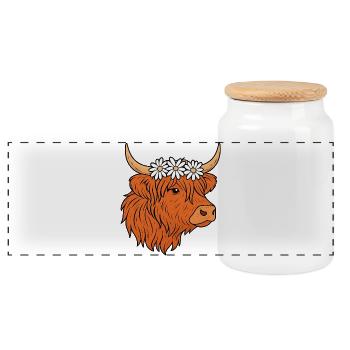Scottish Highland cattle with daisies - Panoramic Cookie Jar with Wooden Lid - white - Front