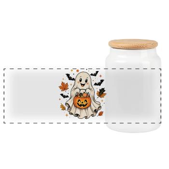 Little Ghost Autumn Foliage Mug Shirt Halloween - Panoramic Cookie Jar with Wooden Lid - white - Front