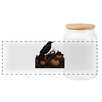 Raven on Pumpkin T-Shirt Vintage Gothic Halloween - Panoramic Cookie Jar with Wooden Lid - white - Front