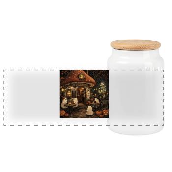 Mushroom House Café Retro Mural Ghosts Autumn Decoration - Panoramic Cookie Jar with Wooden Lid - white - Front