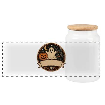 Ghost Pumpkin Cat T-Shirt Halloween Retro - Panoramic Cookie Jar with Wooden Lid - white - Front