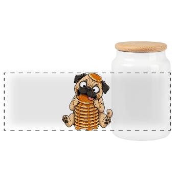 Pug with Pancakes Funny Cartoon - Panoramic Cookie Jar with Wooden Lid - white - Front