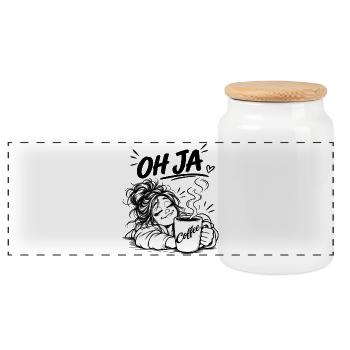 Coffee Oh Yes Cartoon - Panoramic Cookie Jar with Wooden Lid - white - Front