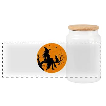 Halloween Witch with Cat in Full Moon T-Shirt Motif - Panoramic Cookie Jar with Wooden Lid - white - Front