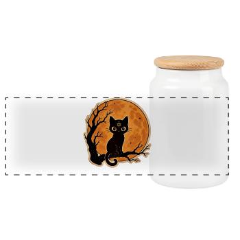 Chat noir devant une pleine lune Motif d’Halloween - Boîte à biscuits avec couvercle en bois - blanc - Devant
