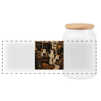 Halloween café with ghosts and pumpkins trend - Panoramic Cookie Jar with Wooden Lid - white - Front