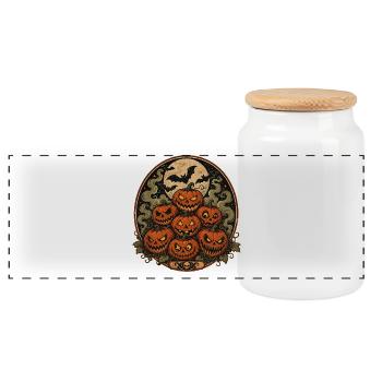 Spooky Halloween pumpkins with bats - Panoramic Cookie Jar with Wooden Lid - white - Front
