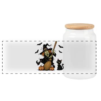 Motif vintage effrayant de la sorcière Halloween Chat citrouille - Boîte à biscuits avec couvercle en bois - blanc - Devant