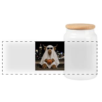 Highland Cow Halloween Ghost with Pumpkin T-Shirt - Panoramic Cookie Jar with Wooden Lid - white - Front