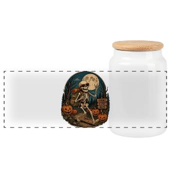 Vintage Halloween Pumpkin Skeleton Retro Outdoor Fan - Panoramic Cookie Jar with Wooden Lid - white - Front