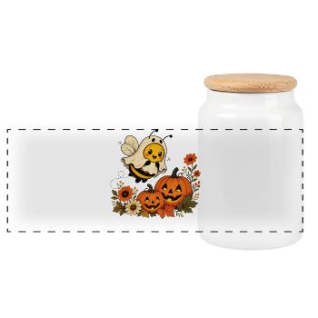 Halloween Bee as a Ghost with Pumpkin T-Shirt - Panoramic Cookie Jar with Wooden Lid - white - Front