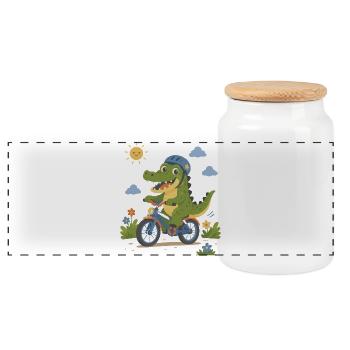 Crocodile riding a bicycle with helmet - Panoramic Cookie Jar with Wooden Lid - white - Front