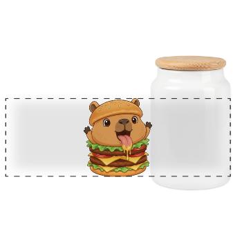 Capybara Hamster mit Cheeseburger Cartoon - Panorama Keksdose mit Holzdeckel - Weiß - Vorne