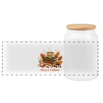 Bücherstapel  Tasse Herbst Design - Panorama Keksdose mit Holzdeckel - Weiß - Vorne