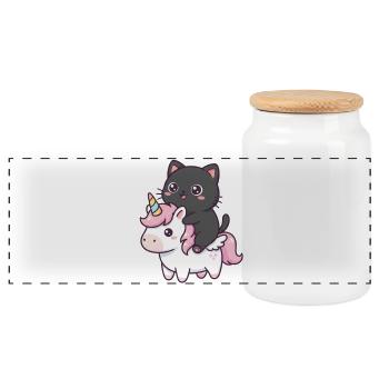 Katze auf Einhorn - Panorama Keksdose mit Holzdeckel - Weiß - Vorne