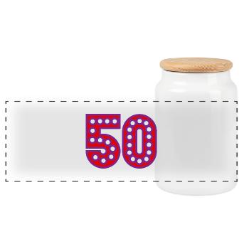 50. 50 JAHRE. 50-JÄHRIGES JUBILÄUM. 50-JÄHRIGES JUBILÄUM. - Panorama Keksdose mit Holzdeckel - Weiß - Vorne