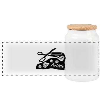 With fabric and scissors for art project - Panoramic Cookie Jar with Wooden Lid - white - Front