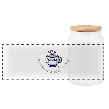 Coffee First – Witziges Kaffee Shirt - Panorama Keksdose mit Holzdeckel - Weiß - Vorne