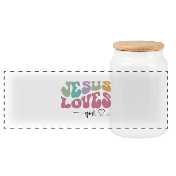 Jesus loves you - Panoramic Cookie Jar with Wooden Lid - white - Front