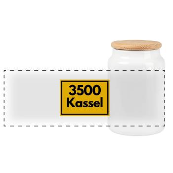 Ortsschild - damals Retro alte PLZ 3500 KASSEL - Panorama Keksdose mit Holzdeckel - Weiß - Vorne