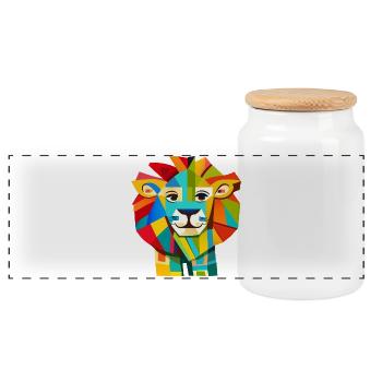 Abstract Lion (Geometric Shapes, Colorful) - Panoramic Cookie Jar with Wooden Lid - white - Front