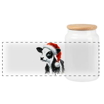 Christmas calf with Santa hat - Panoramic Cookie Jar with Wooden Lid - white - Front