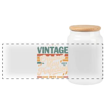 Vintage May 1977 – Perfection for 49 years - Panoramic Cookie Jar with Wooden Lid - white - Front