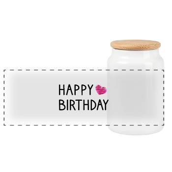 HAPPY BIRTHDAY. HAPPY BIRTHDAY. ANNIVERSARY. - Panoramic Cookie Jar with Wooden Lid - white - Front