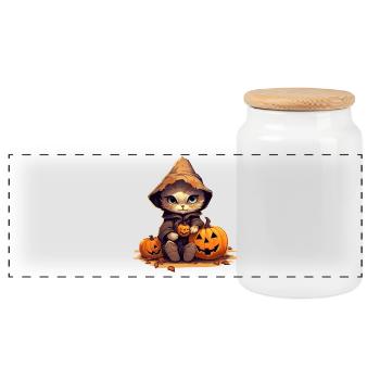 Halloween-Katze mit Kapuze und Kürbis - Panorama Keksdose mit Holzdeckel - Weiß - Vorne