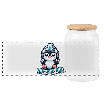 Niedlicher Pinguin beim Snowboarden Winterspaß - Panorama Keksdose mit Holzdeckel - Weiß - Vorne