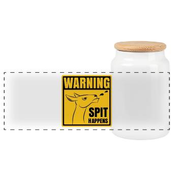 Warning - Spit happens | Funny llama design - Panoramic Cookie Jar with Wooden Lid - white - Front