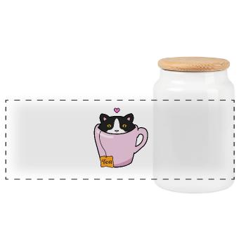 Black and white cat - Panoramic Cookie Jar with Wooden Lid - white - Front