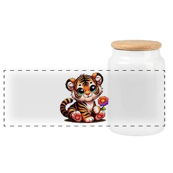 Süßes Tigerbaby mit Blume in der Hand - Panorama Keksdose mit Holzdeckel - Weiß - Vorne
