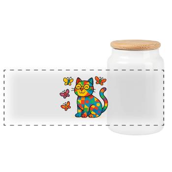 Patchwork-Katze mit bunten Schmetterlingen - Panorama Keksdose mit Holzdeckel - Weiß - Vorne