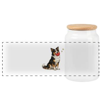 Chien Border Collie avec Cœur et Câlin - Boîte à biscuits avec couvercle en bois - blanc - Devant