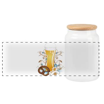 Weißbier Glas mit Brezel,Weißwürste,Senf, Edelweiß - Panorama Keksdose mit Holzdeckel - Weiß - Vorne