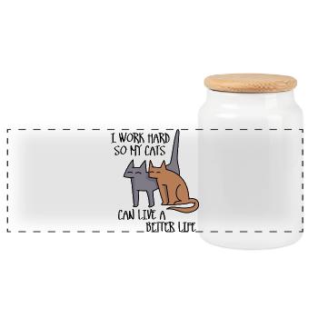 I work hard so my cats can live a better life - Panoramic Cookie Jar with Wooden Lid - white - Front