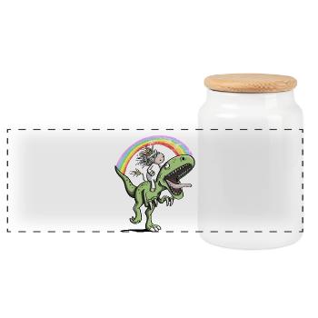 Einhorn reitet Dinosaurier T Rex Unter Regenbogen - Panorama Keksdose mit Holzdeckel - Weiß - Vorne