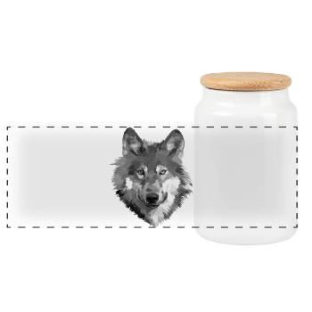Grayscale Wolf Portrait - Panoramic Cookie Jar with Wooden Lid - white - Front