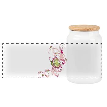 Florale Ranke mit Blumen und Schmetterling - Panorama Keksdose mit Holzdeckel - Weiß - Vorne